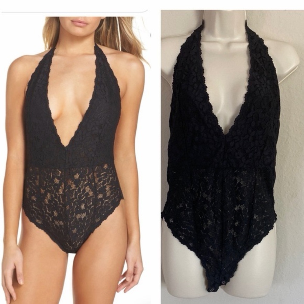 Free People Intimately FP Avery Lace Cheeky Bodysuit Black Sz L